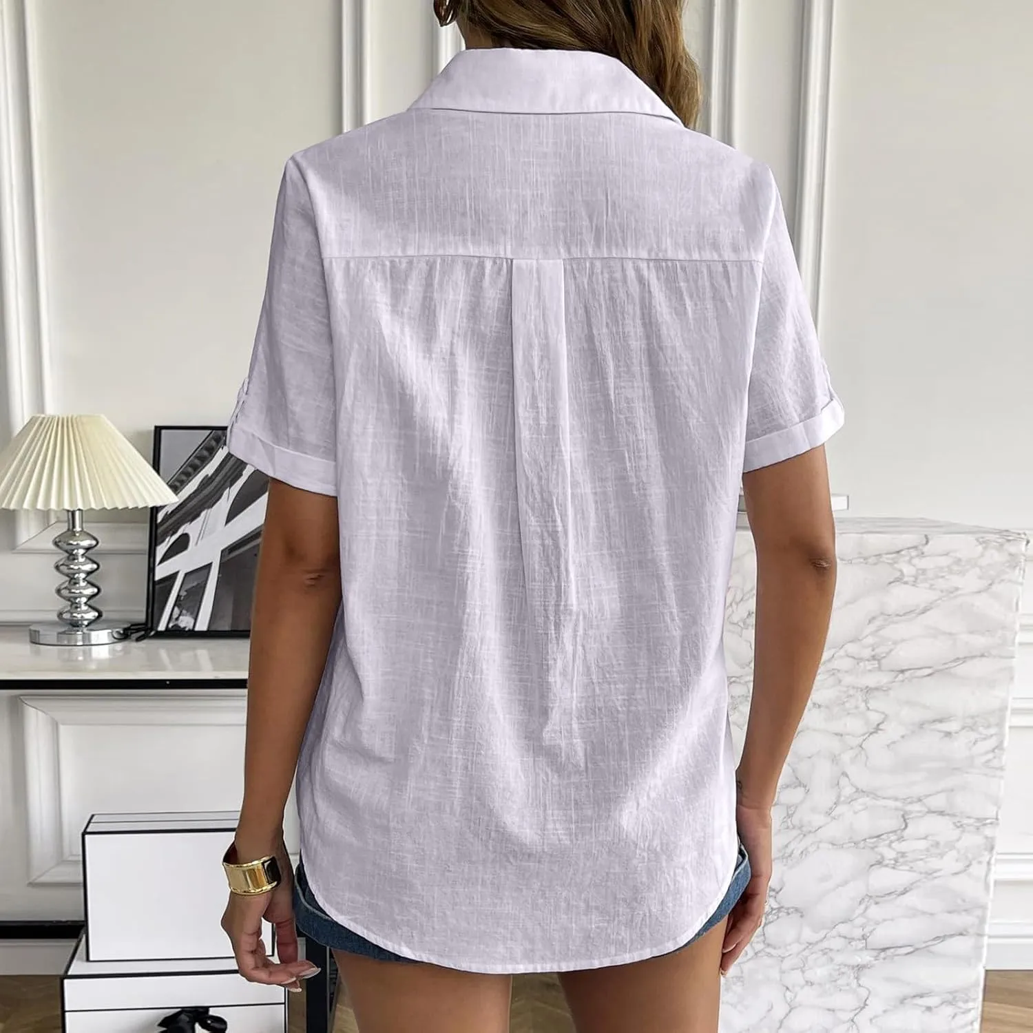 Linen Shirts for Women, Linen Button Down Shirt Women Short Sleeve Summer Trendy Tops Work Beach Collared Blouses