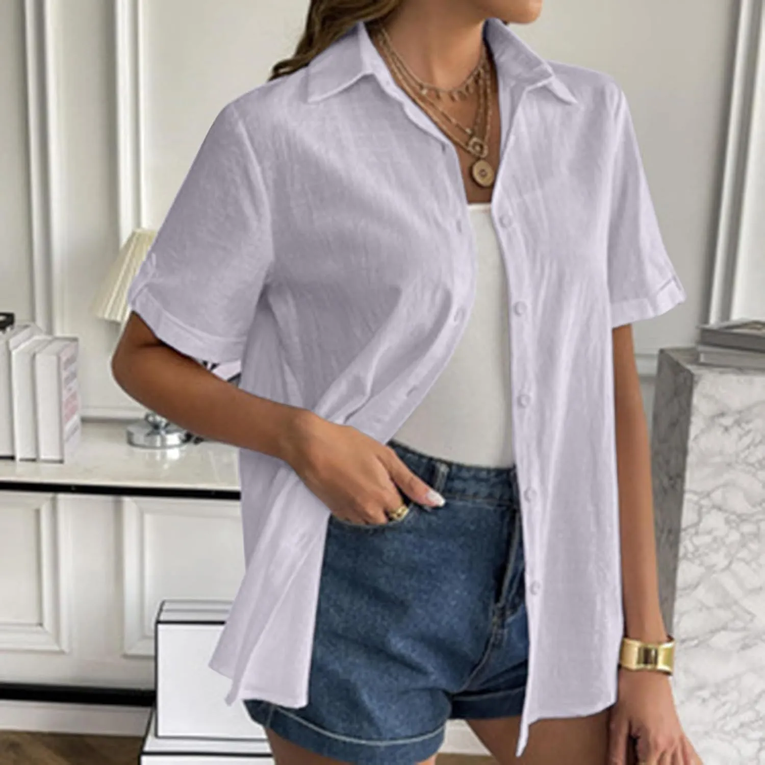 Linen Shirts for Women, Linen Button Down Shirt Women Short Sleeve Summer Trendy Tops Work Beach Collared Blouses