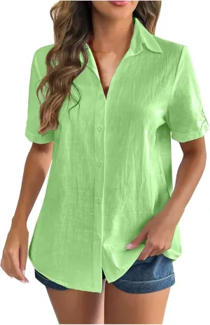 Linen Shirts for Women, Linen Button Down Shirt Women Short Sleeve Summer Trendy Tops Work Beach Collared Blouses