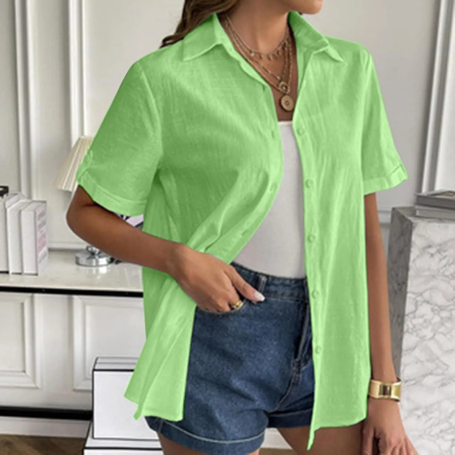Linen Shirts for Women, Linen Button Down Shirt Women Short Sleeve Summer Trendy Tops Work Beach Collared Blouses