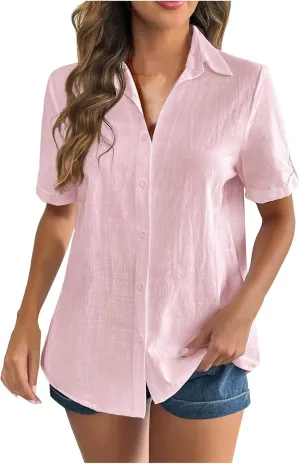Linen Shirts for Women, Linen Button Down Shirt Women Short Sleeve Summer Trendy Tops Work Beach Collared Blouses