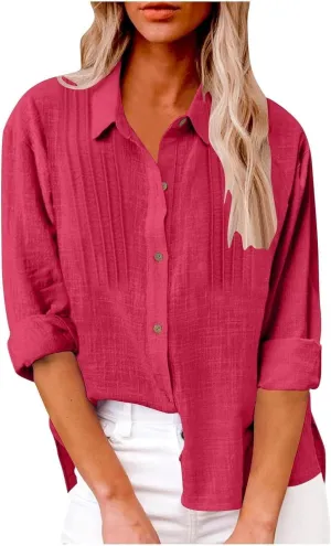 Linen Shirts for Women Plus Size Button Down Cotton Gauze Tops Casual Tees Roll Up Long Sleeve Lapel Collar Blouses