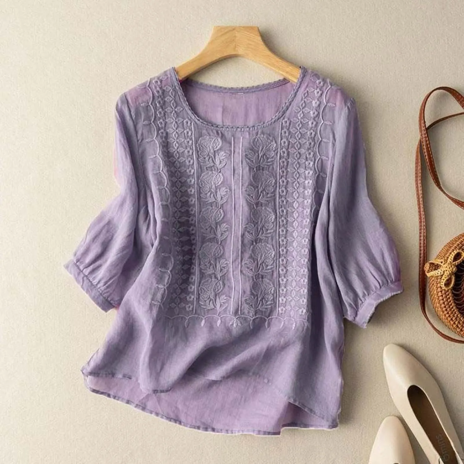 Linen Shirts for Women Shirts V Neck Roll Up Sleeve Blouses Tops White Cover Up Shirt Womens Casual V Neck 3/4