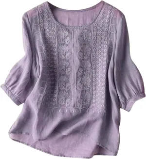 Linen Shirts for Women Shirts V Neck Roll Up Sleeve Blouses Tops White Cover Up Shirt Womens Casual V Neck 3/4