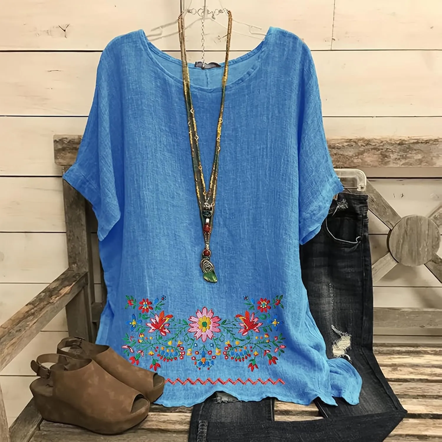 Linen Shirts for Women Short Sleeve Casual Tops Loose Fit Round Neck Blouses Fashion Graphic Print T-Shirts