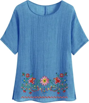 Linen Shirts for Women Short Sleeve Casual Tops Loose Fit Round Neck Blouses Fashion Graphic Print T-Shirts
