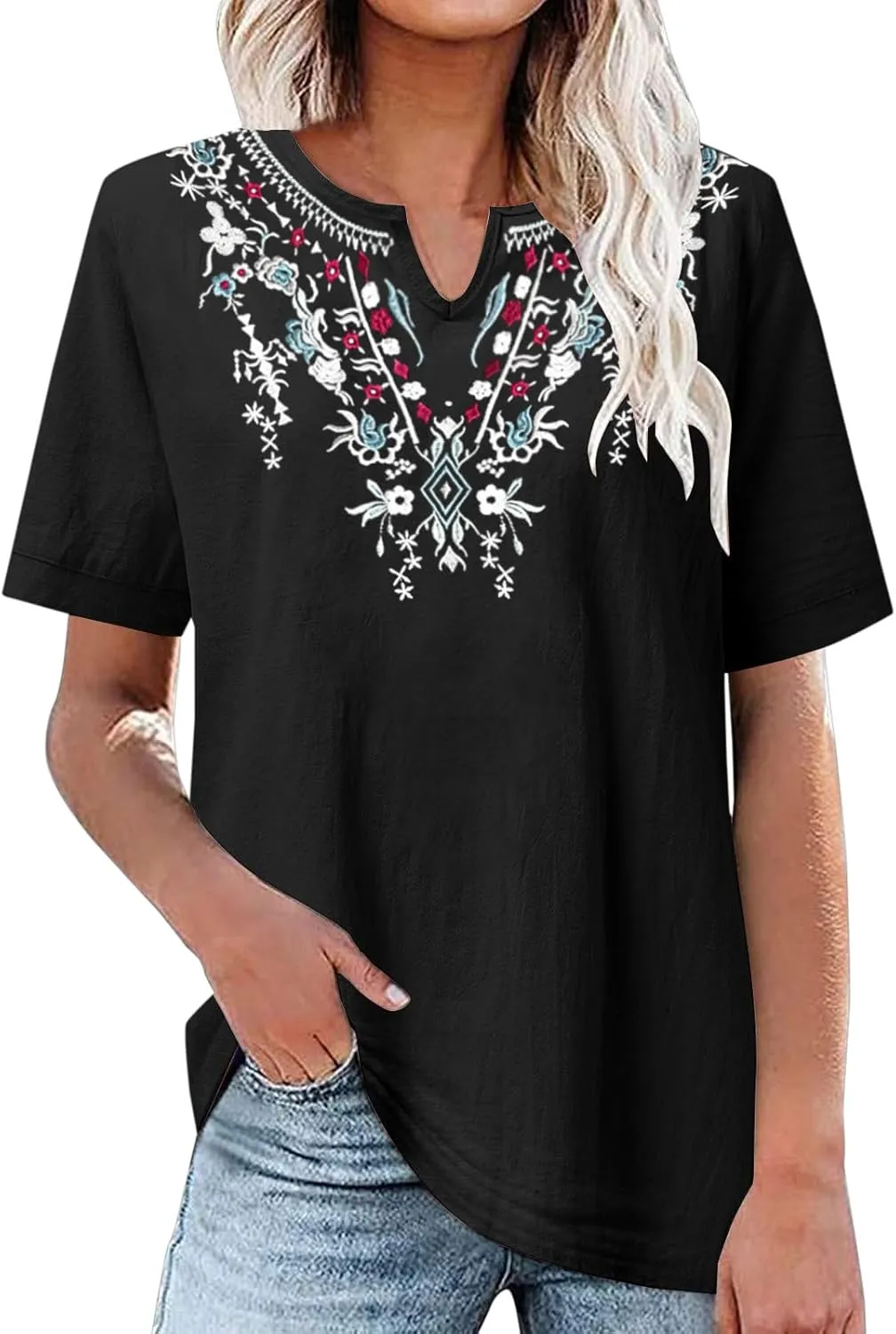 Linen Shirts for Women Short Sleeve Fashion Solid Color Blouses Trendy Loose Fit V-Neck T-Shirts Summer Clothes