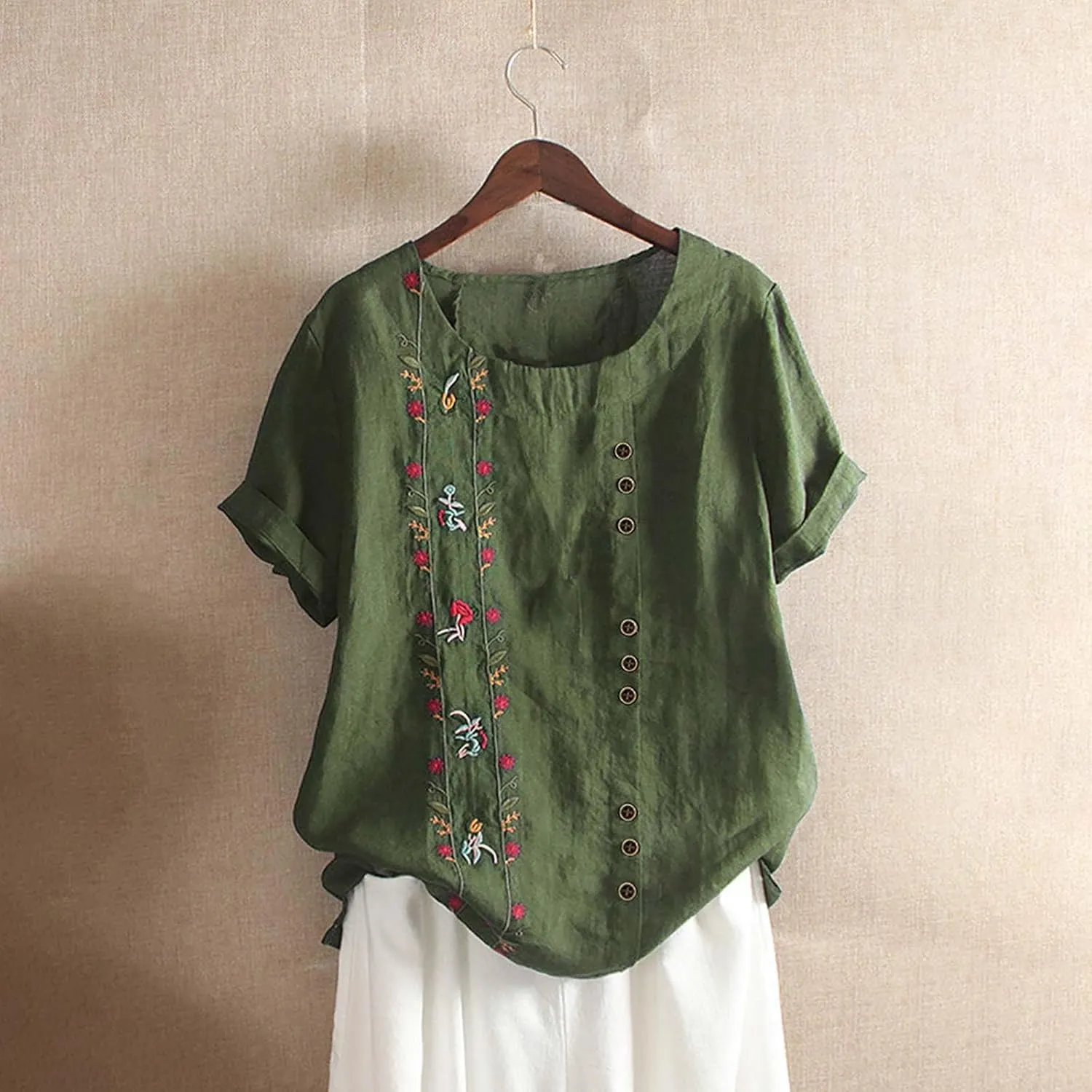 Linen Shirts for Women Summer Casual Short Sleeve Floral Tops Lightweight Boho Beach Dressy Shirt Trendy Blouse 2025
