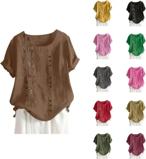 Linen Shirts for Women Summer Casual Short Sleeve Floral Tops Lightweight Boho Beach Dressy Shirt Trendy Blouse 2025
