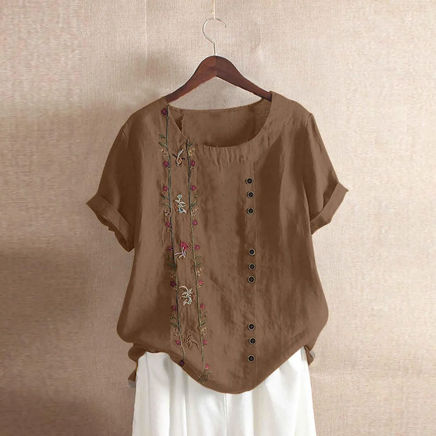 Linen Shirts for Women Summer Casual Short Sleeve Floral Tops Lightweight Boho Beach Dressy Shirt Trendy Blouse 2025