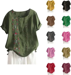 Linen Shirts for Women Summer Casual Short Sleeve Floral Tops Lightweight Boho Beach Dressy Shirt Trendy Blouse 2025
