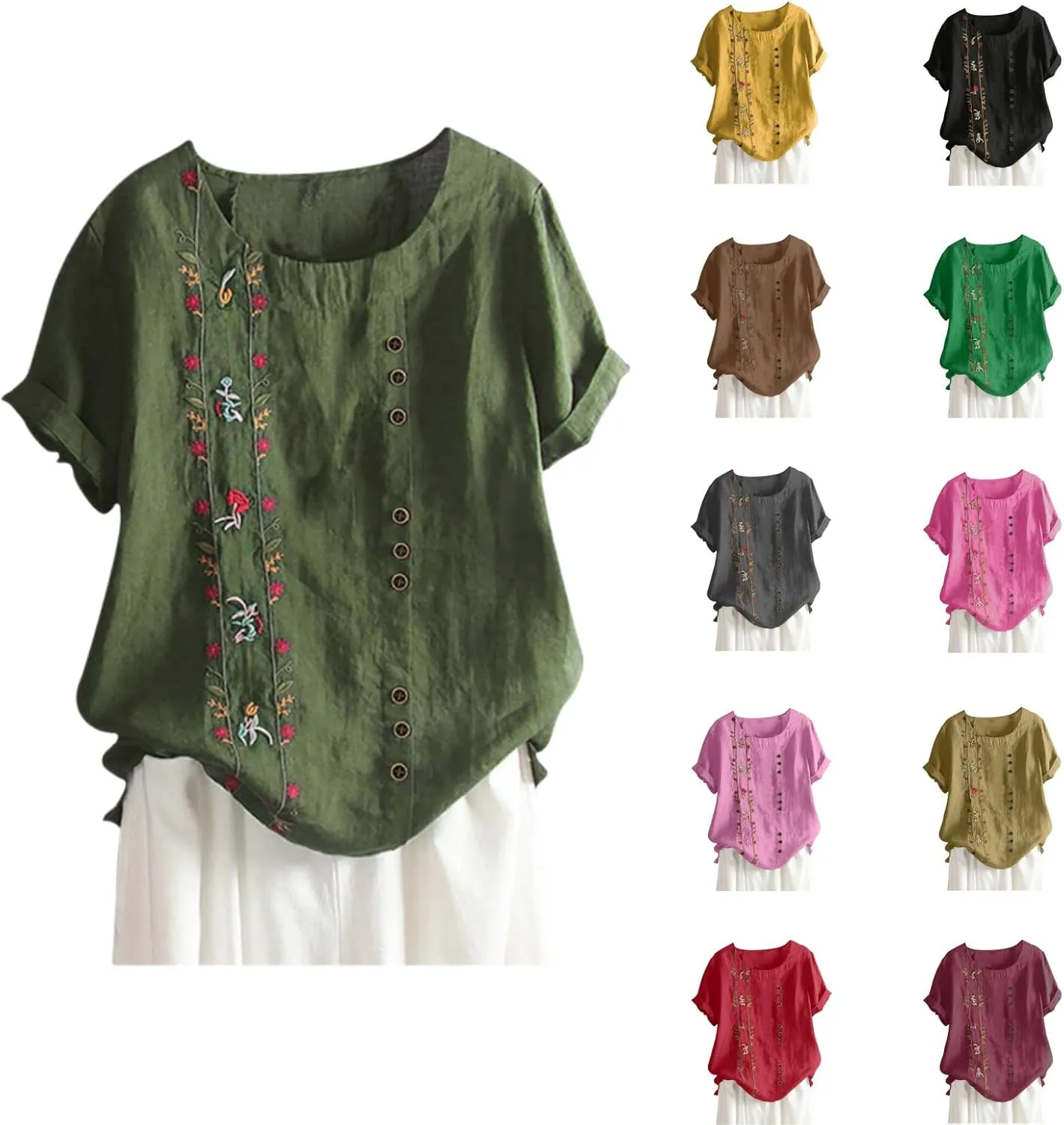 Linen Shirts for Women Summer Casual Short Sleeve Floral Tops Lightweight Boho Beach Dressy Shirt Trendy Blouse 2025