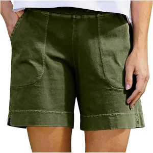 Linen Shorts for Women 2025 High Waisted Elastic Straight Casual Shorts Summer Outdoor Pants with Pockets