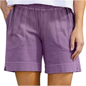 Linen Shorts for Women 2025 High Waisted Elastic Straight Casual Shorts Summer Outdoor Pants with Pockets