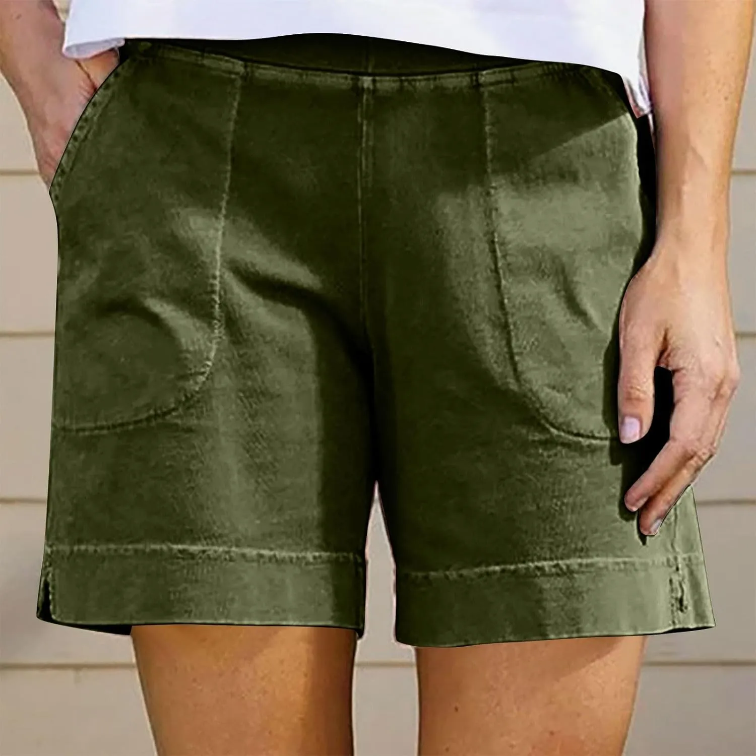 Linen Shorts for Women 2025 High Waisted Elastic Straight Casual Shorts Summer Outdoor Pants with Pockets