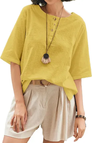 Linen Tops for Women 3/4 Sleeve Crew Neck Cotton Shirts Casual Jacquard Boho Blouse