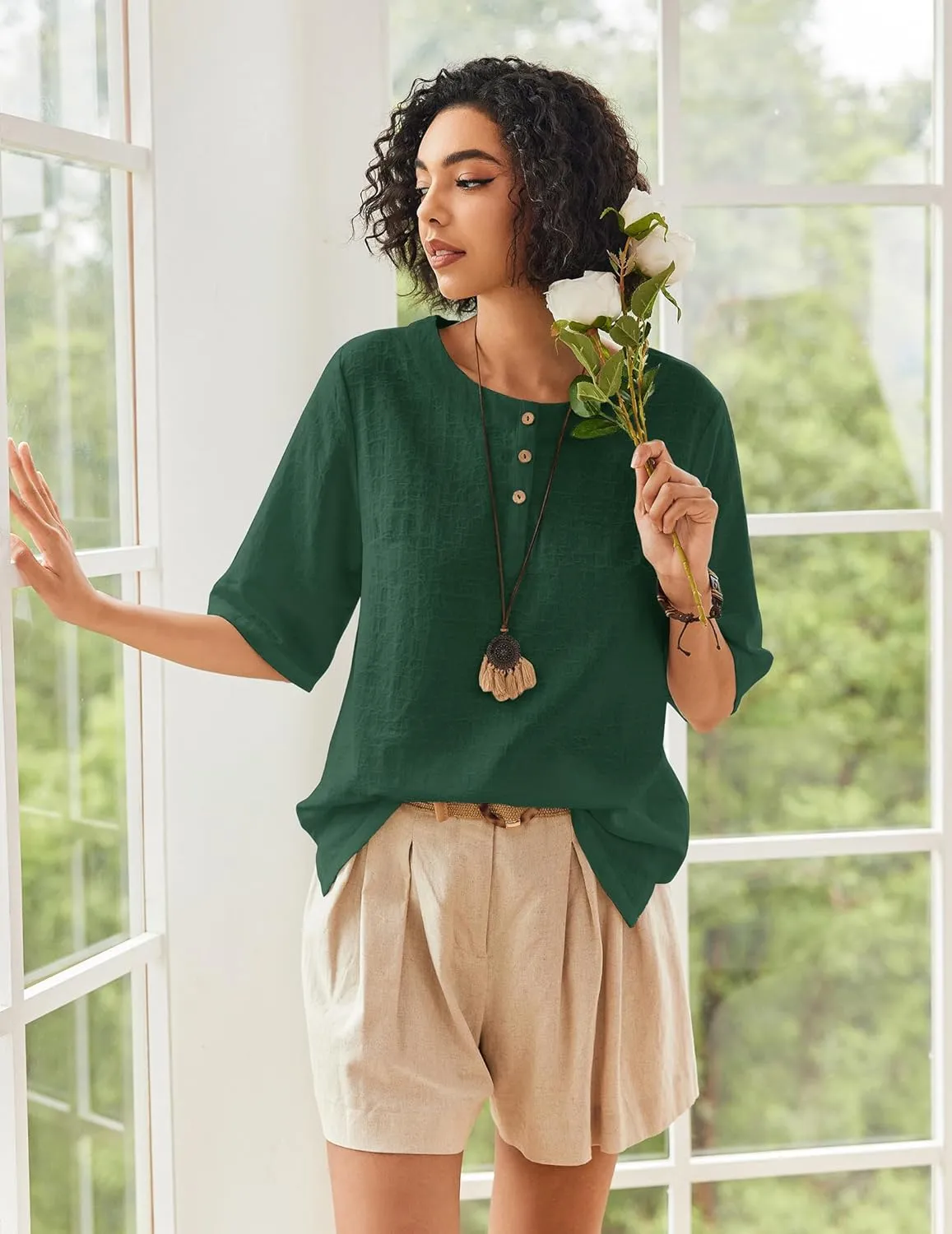 Linen Tops for Women 3/4 Sleeve Crew Neck Cotton Shirts Casual Jacquard Boho Blouse
