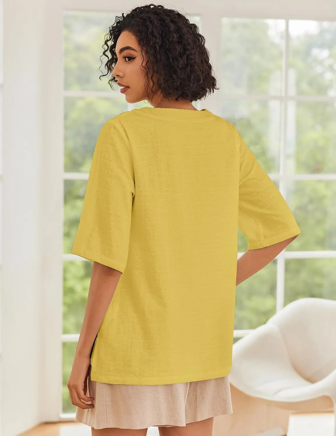 Linen Tops for Women 3/4 Sleeve Crew Neck Cotton Shirts Casual Jacquard Boho Blouse