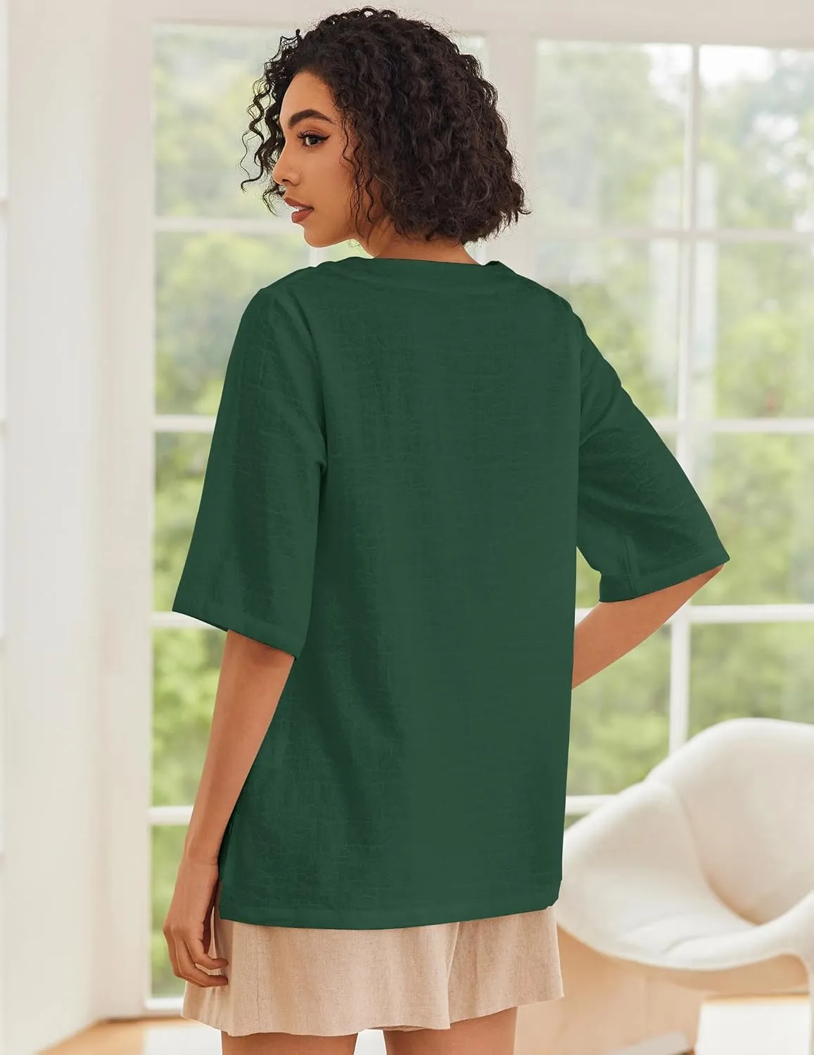 Linen Tops for Women 3/4 Sleeve Crew Neck Cotton Shirts Casual Jacquard Boho Blouse