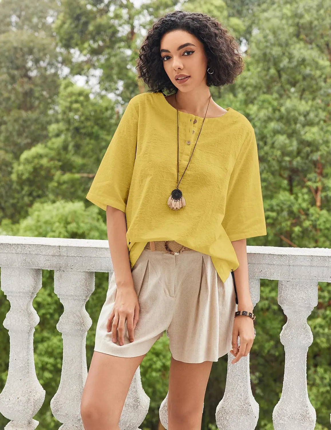 Linen Tops for Women 3/4 Sleeve Crew Neck Cotton Shirts Casual Jacquard Boho Blouse