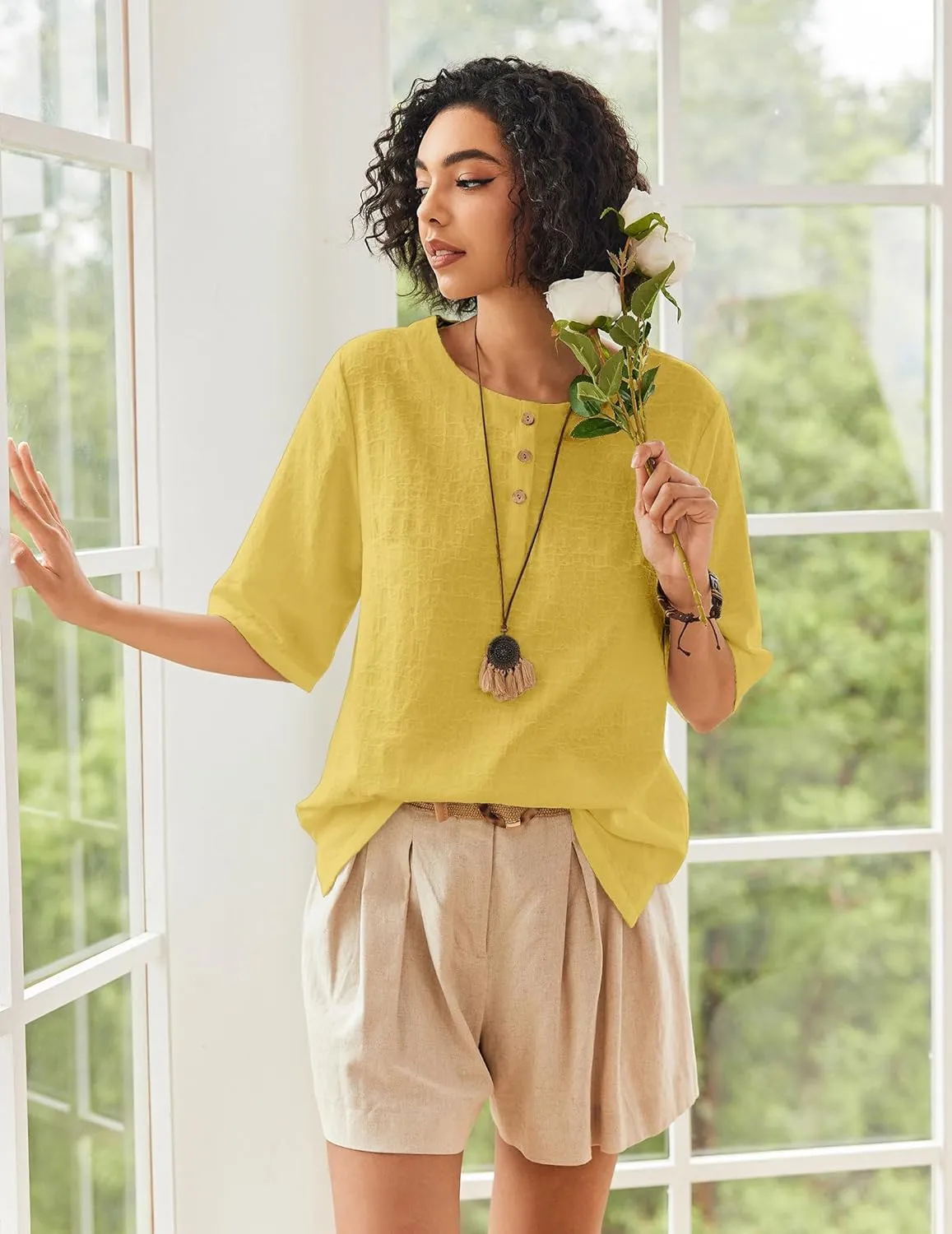 Linen Tops for Women 3/4 Sleeve Crew Neck Cotton Shirts Casual Jacquard Boho Blouse