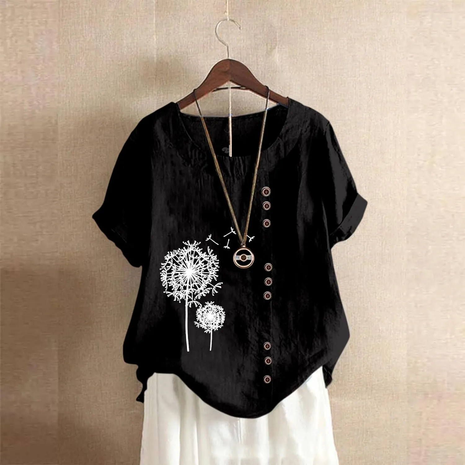 Linen Tops for Women Embroidered Tops Crew Neck Casual Summer Boho T Shirts Loose Fit Short Sleeve Floral Blouses