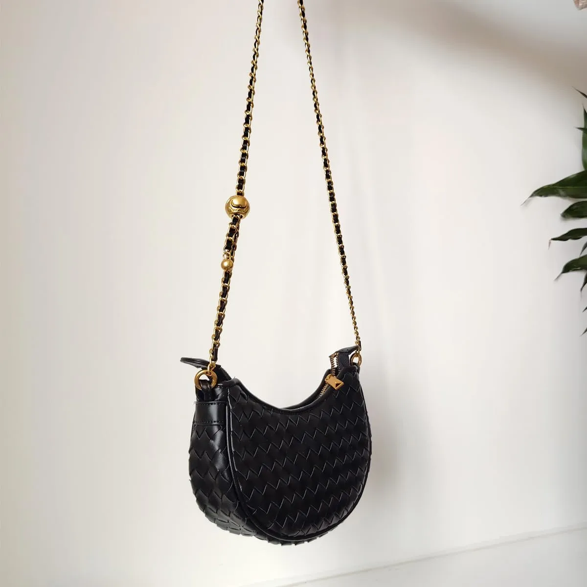 Ling Chuang Woven Crossbody Shoulder Bag with Niche Crescent Design - Double Layer Vintage Mother Bag