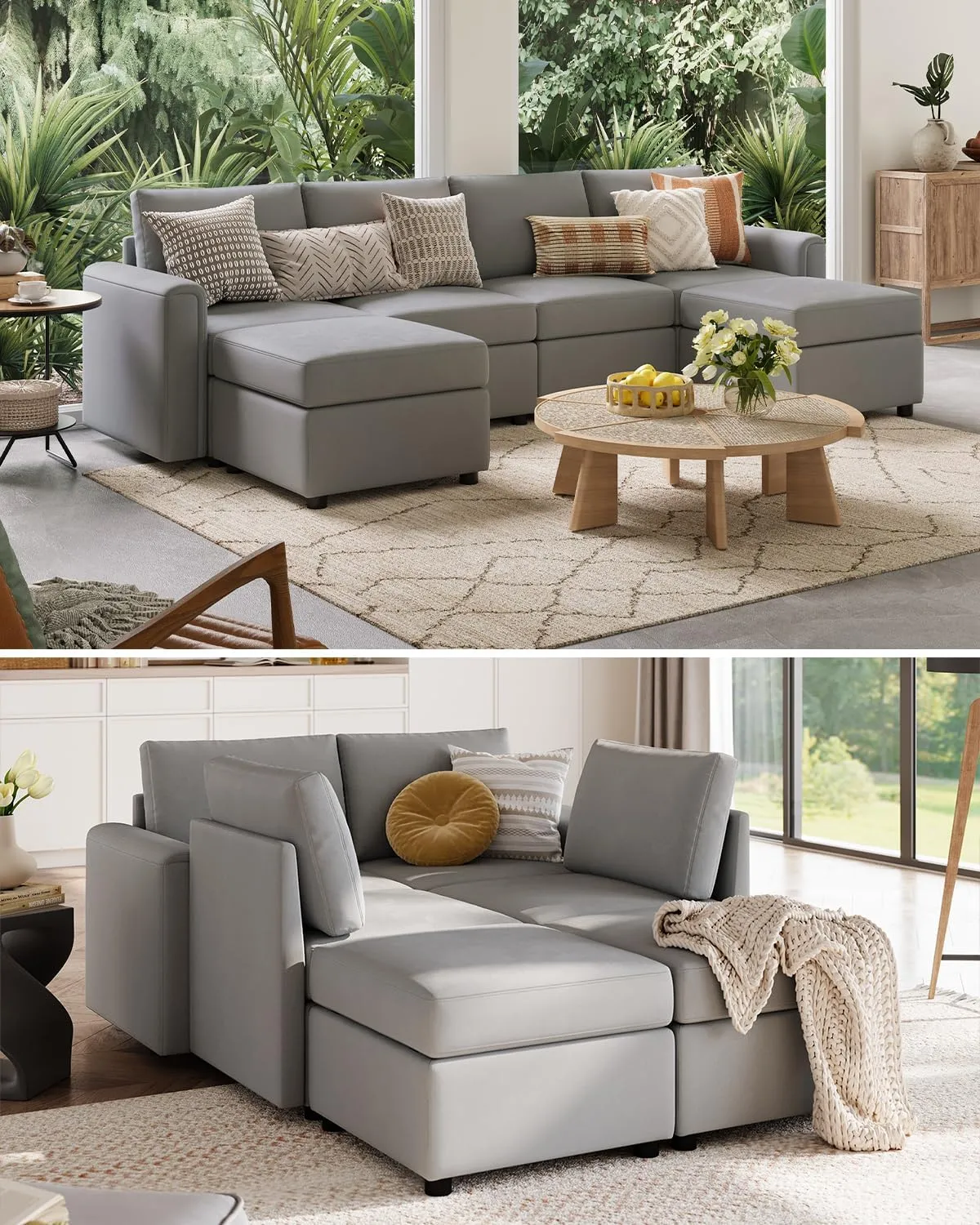 LINSY HOME Modular Sectional Sofa, 114" U Shaped Couch with Storage Seats, Oversized Couches with 2 Movable Ottomans for Living Room, Grey