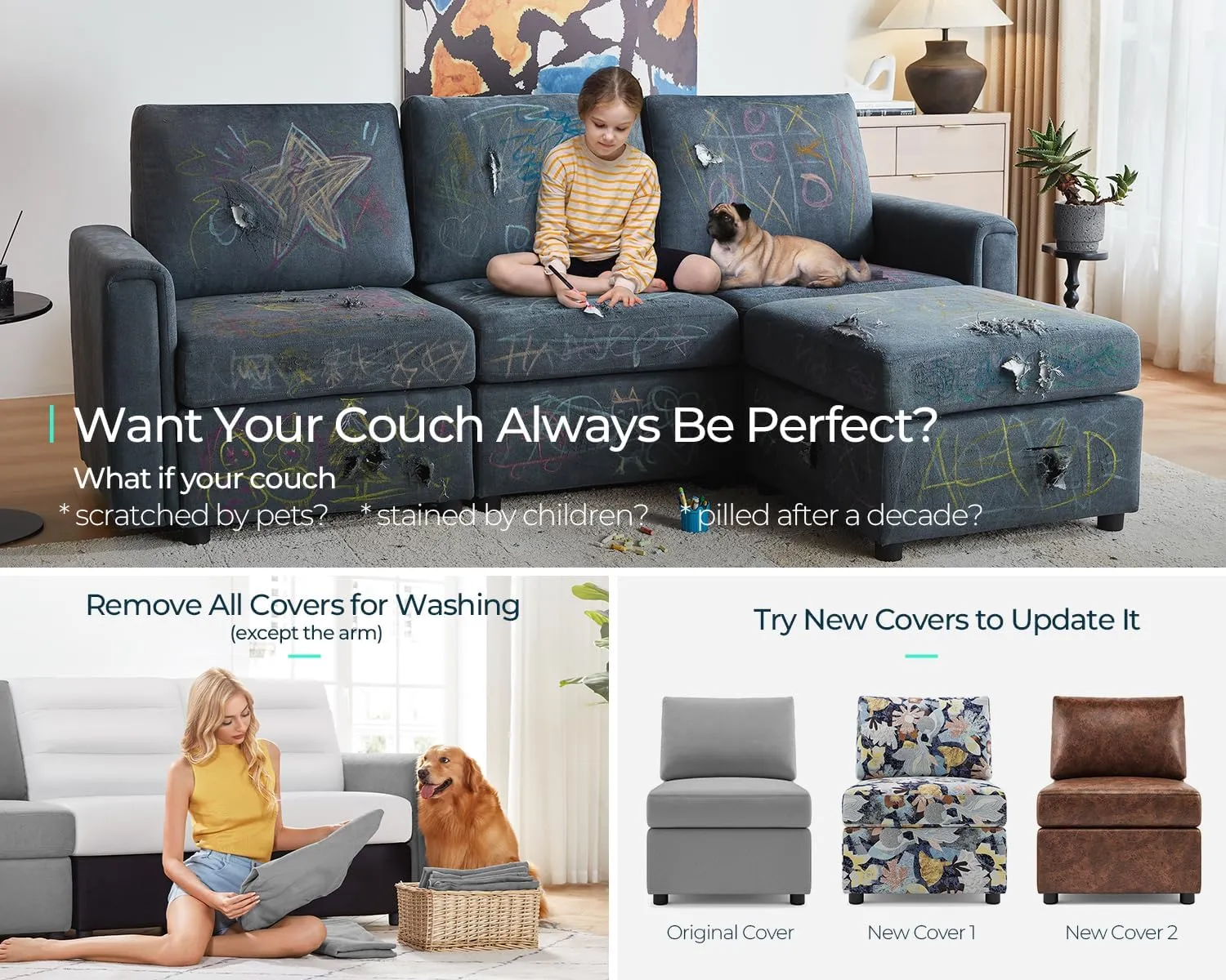 LINSY HOME Modular Sectional Sofa, 114" U Shaped Couch with Storage Seats, Oversized Couches with 2 Movable Ottomans for Living Room, Grey