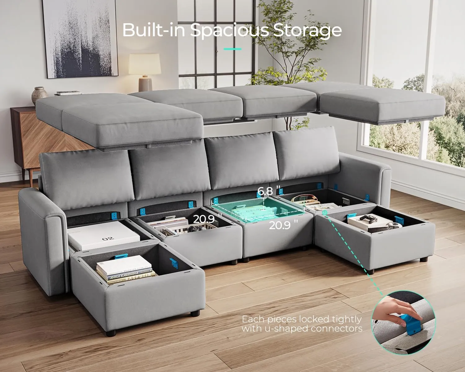 LINSY HOME Modular Sectional Sofa, 114" U Shaped Couch with Storage Seats, Oversized Couches with 2 Movable Ottomans for Living Room, Grey
