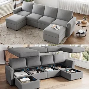LINSY HOME Modular Sectional Sofa, 114" U Shaped Couch with Storage Seats, Oversized Couches with 2 Movable Ottomans for Living Room, Grey