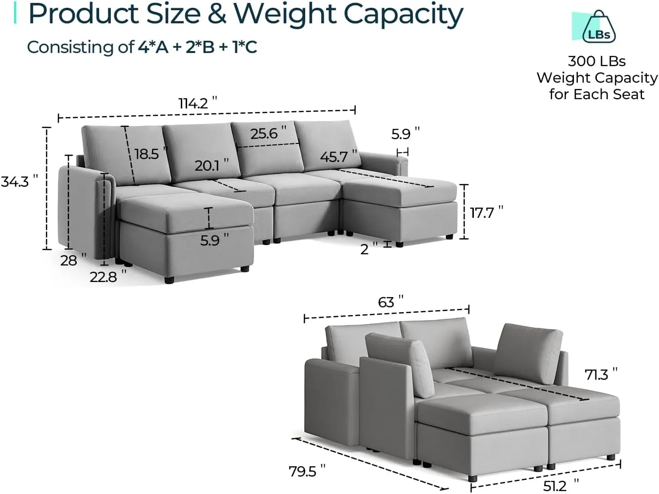 LINSY HOME Modular Sectional Sofa, 114" U Shaped Couch with Storage Seats, Oversized Couches with 2 Movable Ottomans for Living Room, Grey