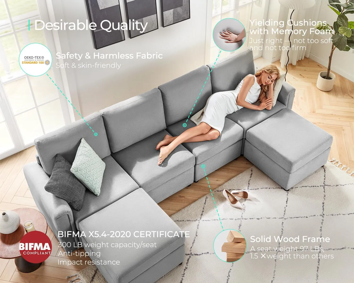 LINSY HOME Modular Sectional Sofa, 114" U Shaped Couch with Storage Seats, Oversized Couches with 2 Movable Ottomans for Living Room, Grey