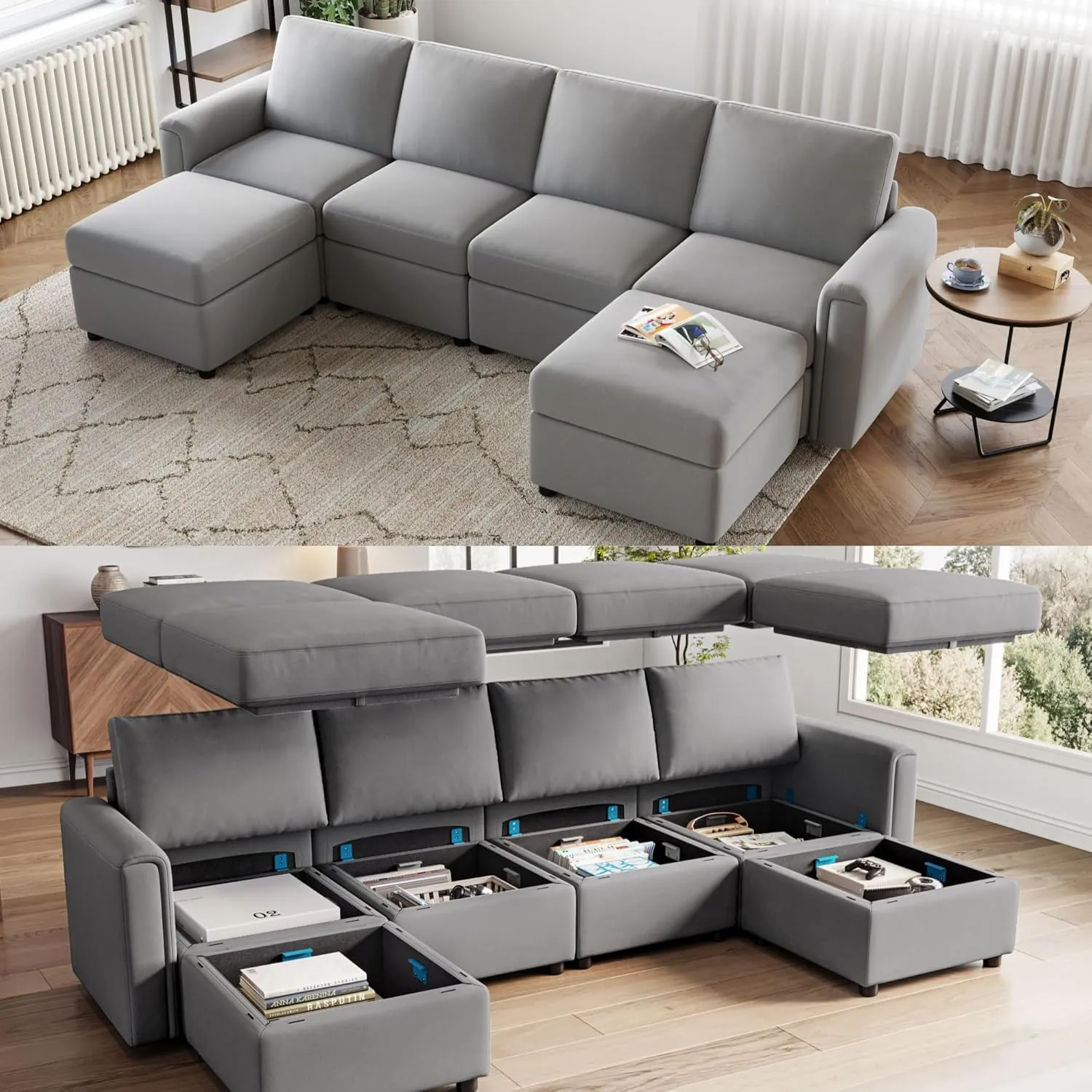 LINSY HOME Modular Sectional Sofa, 114" U Shaped Couch with Storage Seats, Oversized Couches with 2 Movable Ottomans for Living Room, Grey