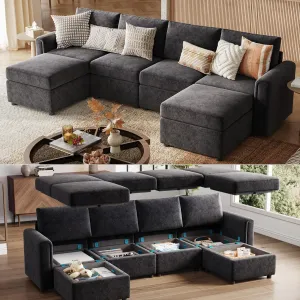 LINSY HOME Modular Sectional Sofa, Convertible U Shaped Sofa Couch with Storage, Memory Foam, Modular Sectionals with Ottomans, 6 Seat Sofa Couch with Chaise for Living Room, Black