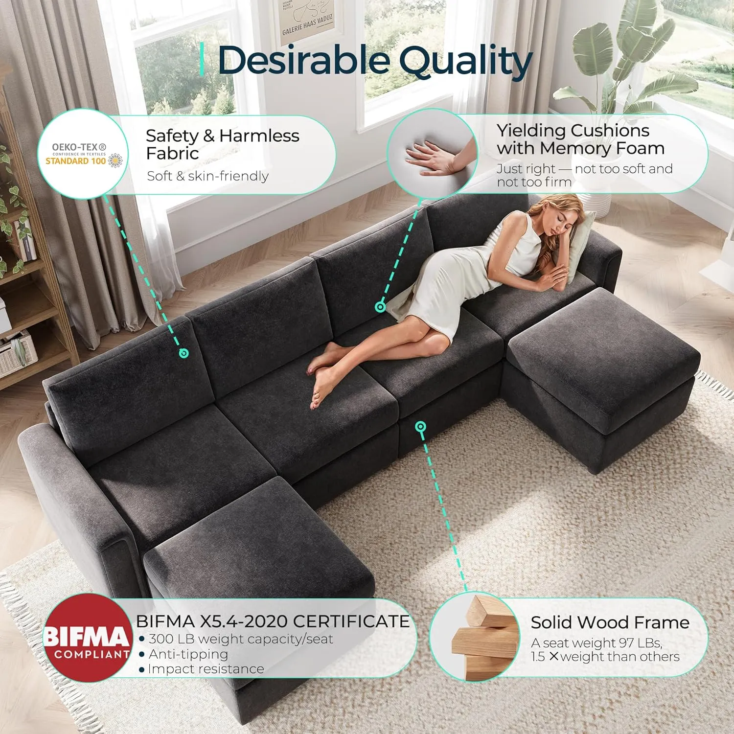 LINSY HOME Modular Sectional Sofa, Convertible U Shaped Sofa Couch with Storage, Memory Foam, Modular Sectionals with Ottomans, 6 Seat Sofa Couch with Chaise for Living Room, Black