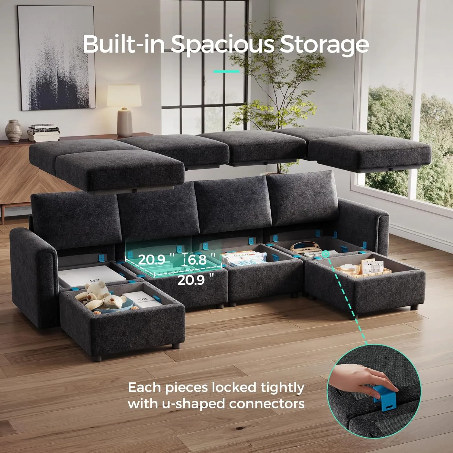 LINSY HOME Modular Sectional Sofa, Convertible U Shaped Sofa Couch with Storage, Memory Foam, Modular Sectionals with Ottomans, 6 Seat Sofa Couch with Chaise for Living Room, Black
