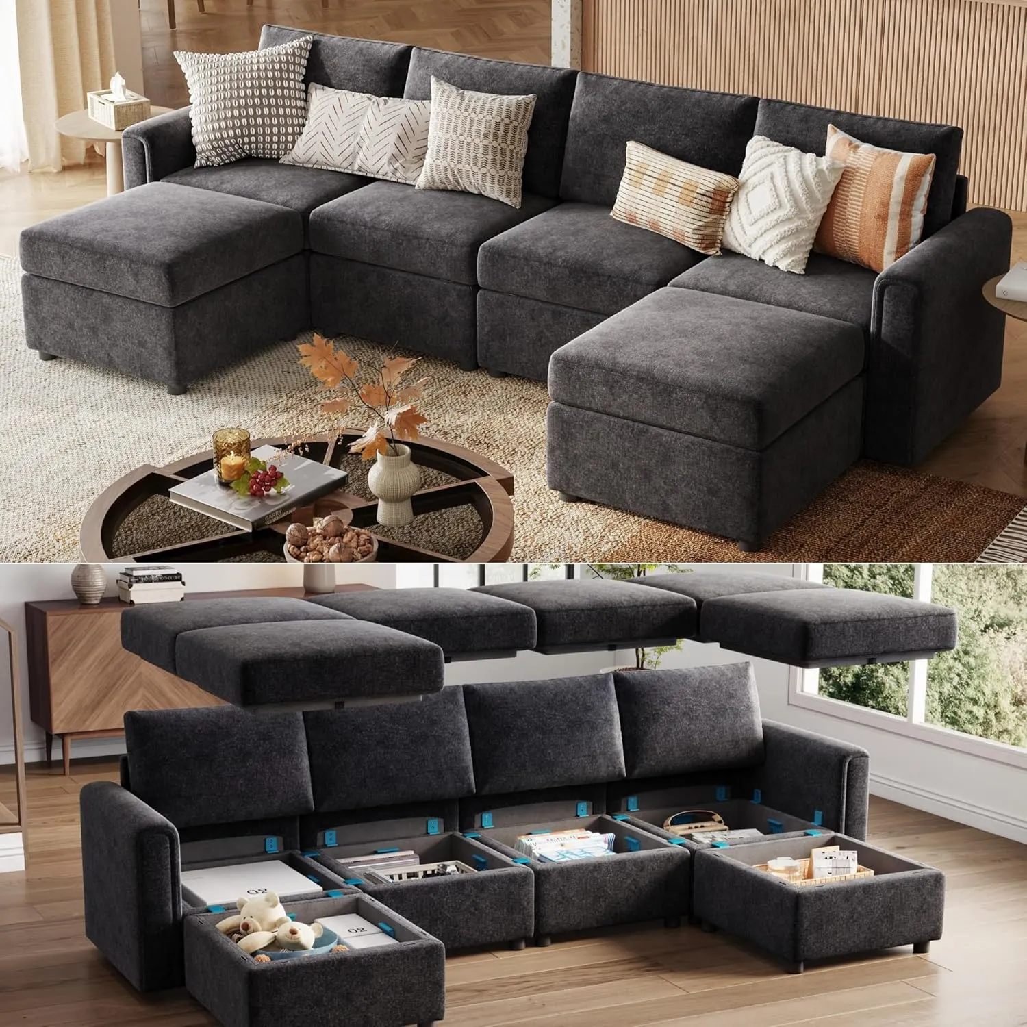 LINSY HOME Modular Sectional Sofa, Convertible U Shaped Sofa Couch with Storage, Memory Foam, Modular Sectionals with Ottomans, 6 Seat Sofa Couch with Chaise for Living Room, Black