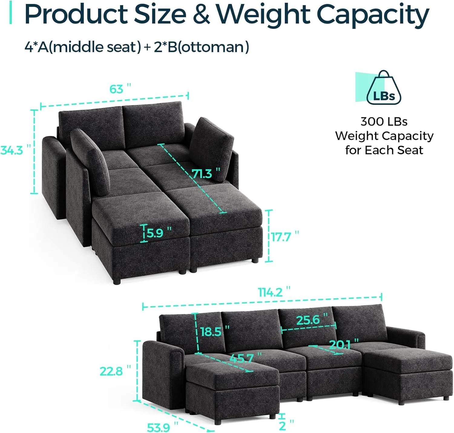 LINSY HOME Modular Sectional Sofa, Convertible U Shaped Sofa Couch with Storage, Memory Foam, Modular Sectionals with Ottomans, 6 Seat Sofa Couch with Chaise for Living Room, Black