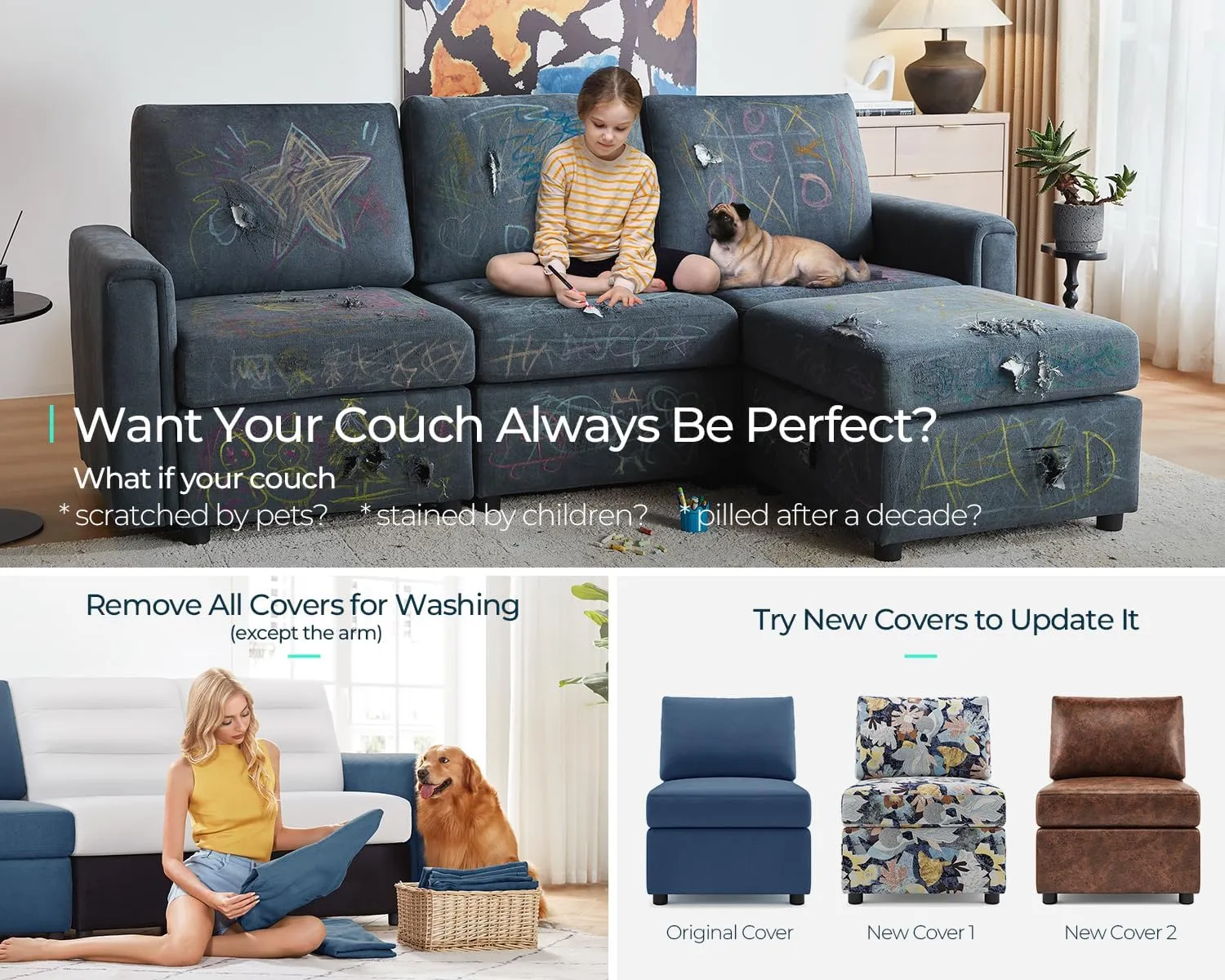 LINSY HOME Modular Sectional Sofa, Convertible U Shaped Sofa Couch with Storage, Memory Foam, Modular Sectionals with Ottomans, 6 Seat Sofa Couch with Chaise for Living Room, Blue