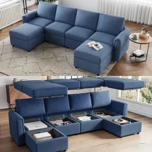 LINSY HOME Modular Sectional Sofa, Convertible U Shaped Sofa Couch with Storage, Memory Foam, Modular Sectionals with Ottomans, 6 Seat Sofa Couch with Chaise for Living Room, Blue