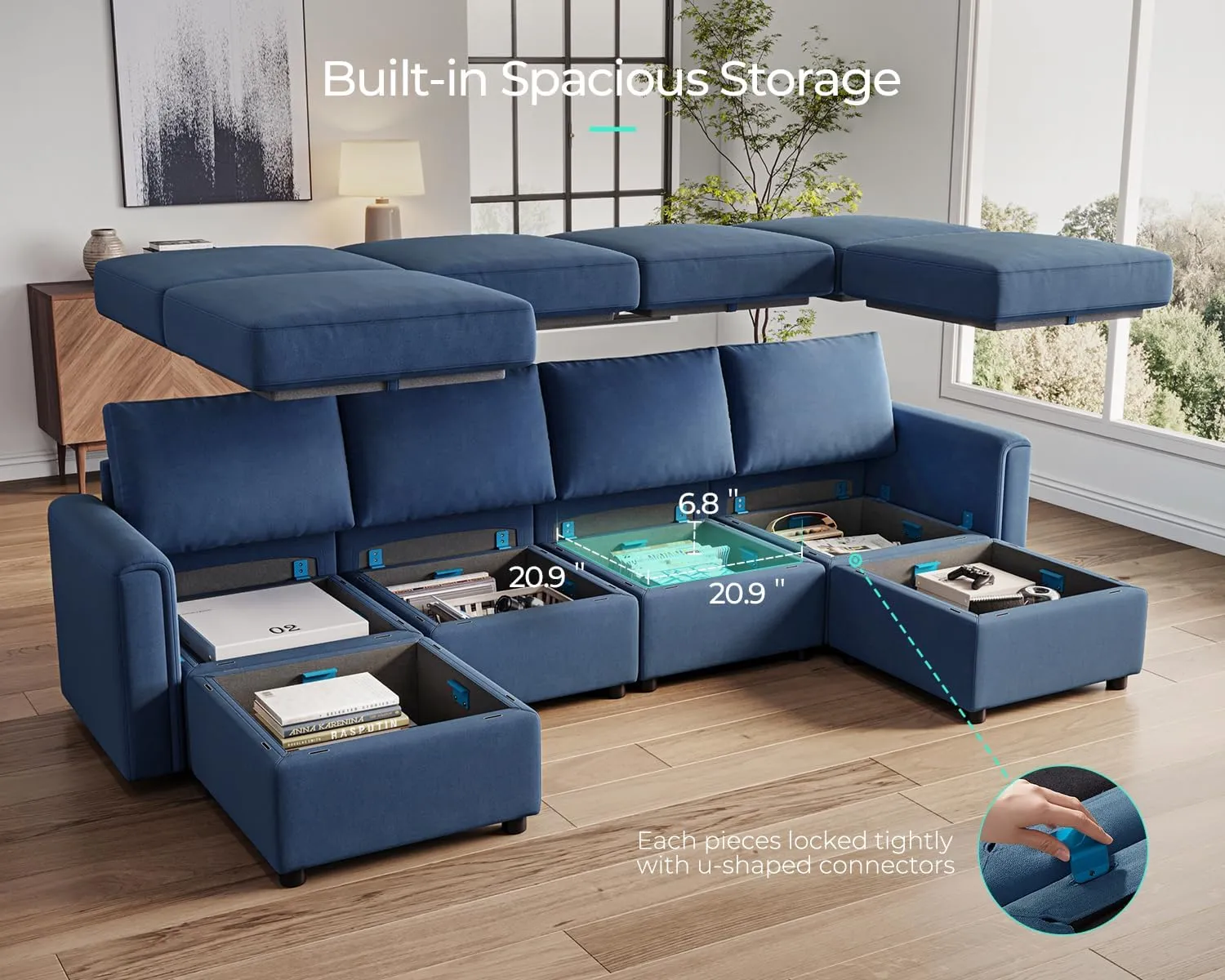 LINSY HOME Modular Sectional Sofa, Convertible U Shaped Sofa Couch with Storage, Memory Foam, Modular Sectionals with Ottomans, 6 Seat Sofa Couch with Chaise for Living Room, Blue