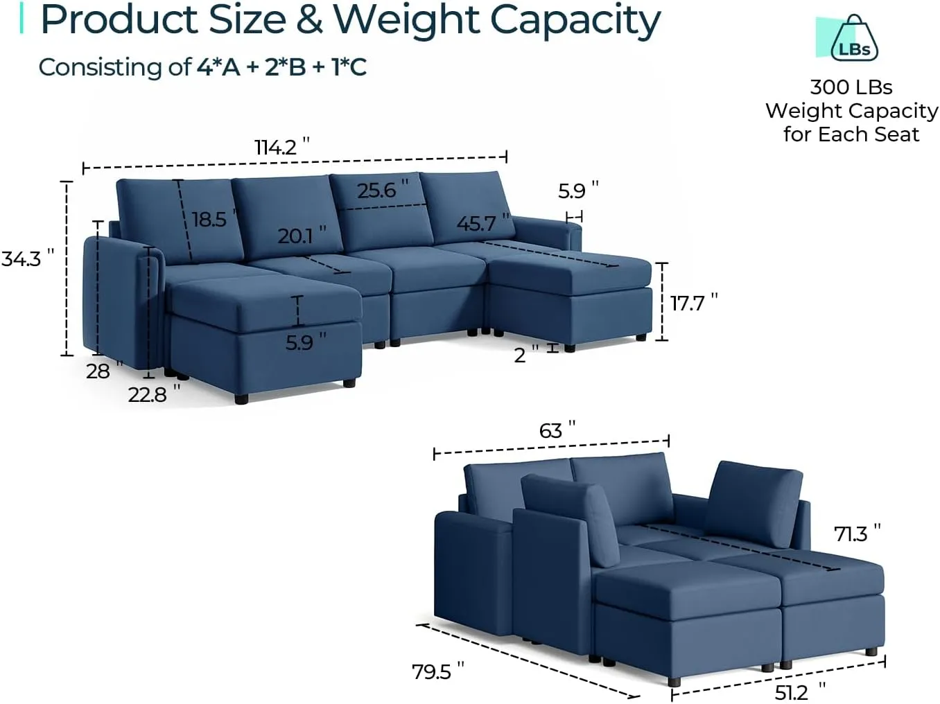 LINSY HOME Modular Sectional Sofa, Convertible U Shaped Sofa Couch with Storage, Memory Foam, Modular Sectionals with Ottomans, 6 Seat Sofa Couch with Chaise for Living Room, Blue
