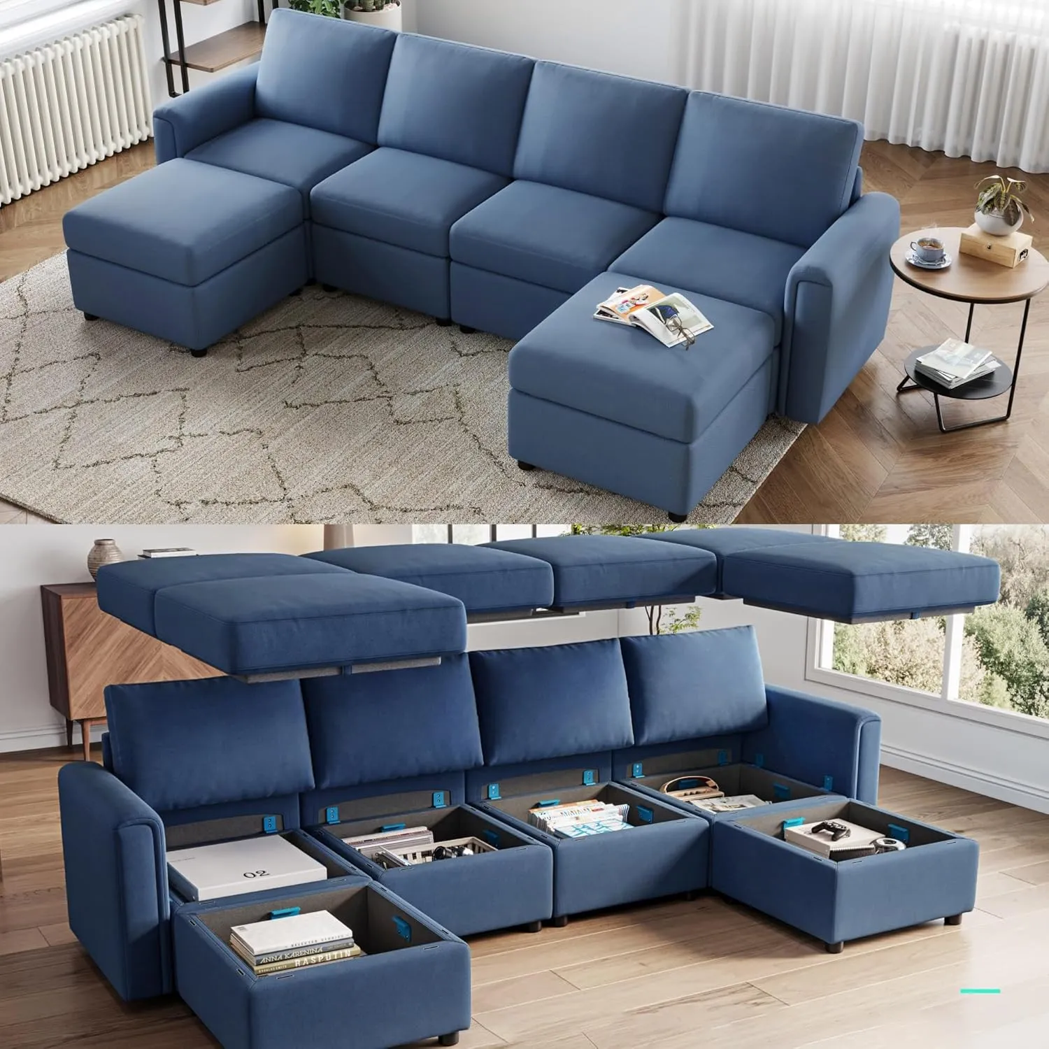 LINSY HOME Modular Sectional Sofa, Convertible U Shaped Sofa Couch with Storage, Memory Foam, Modular Sectionals with Ottomans, 6 Seat Sofa Couch with Chaise for Living Room, Blue