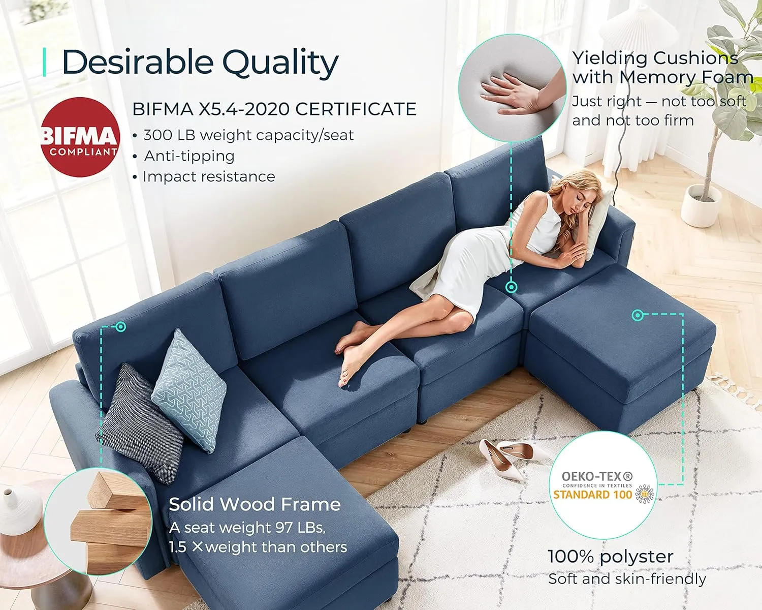 LINSY HOME Modular Sectional Sofa, Convertible U Shaped Sofa Couch with Storage, Memory Foam, Modular Sectionals with Ottomans, 6 Seat Sofa Couch with Chaise for Living Room, Blue