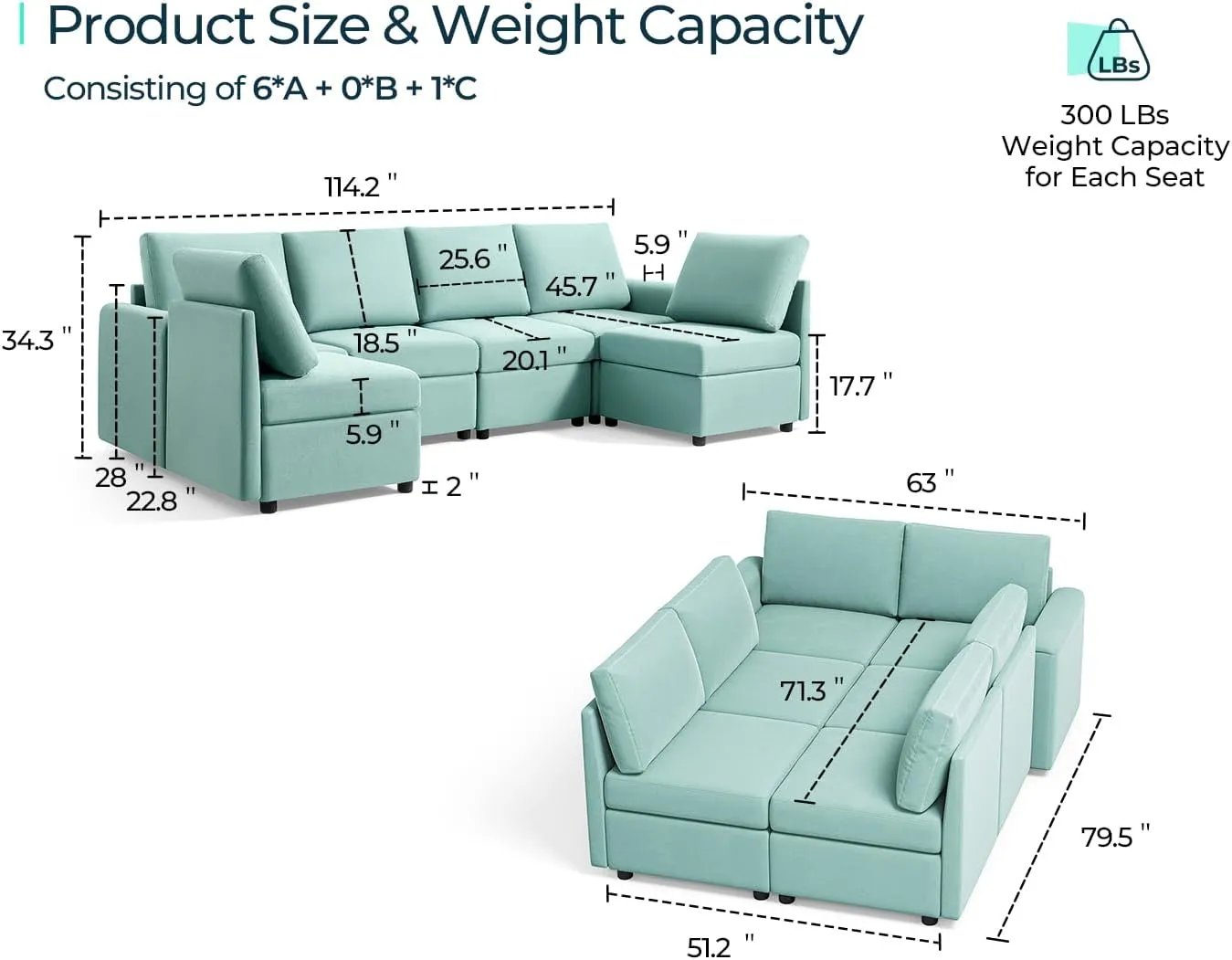 LINSY HOME Modular Sectional Sofa with Storage Seats, U Shaped 6 Seat Sofa Couch, Modular Sectionals with Chaise and Reamovable Covers, Oversized Memory Foam Couch for Living Room, Teal