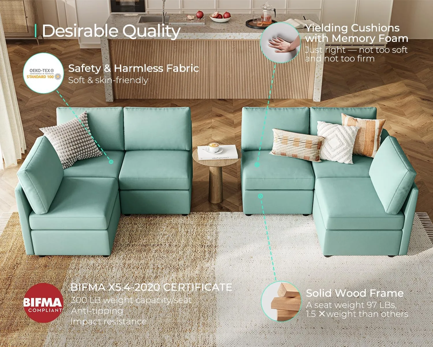 LINSY HOME Modular Sectional Sofa with Storage Seats, U Shaped 6 Seat Sofa Couch, Modular Sectionals with Chaise and Reamovable Covers, Oversized Memory Foam Couch for Living Room, Teal