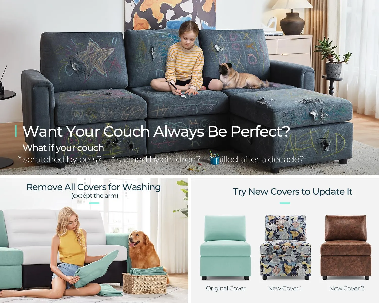 LINSY HOME Modular Sectional Sofa with Storage Seats, U Shaped 6 Seat Sofa Couch, Modular Sectionals with Chaise and Reamovable Covers, Oversized Memory Foam Couch for Living Room, Teal