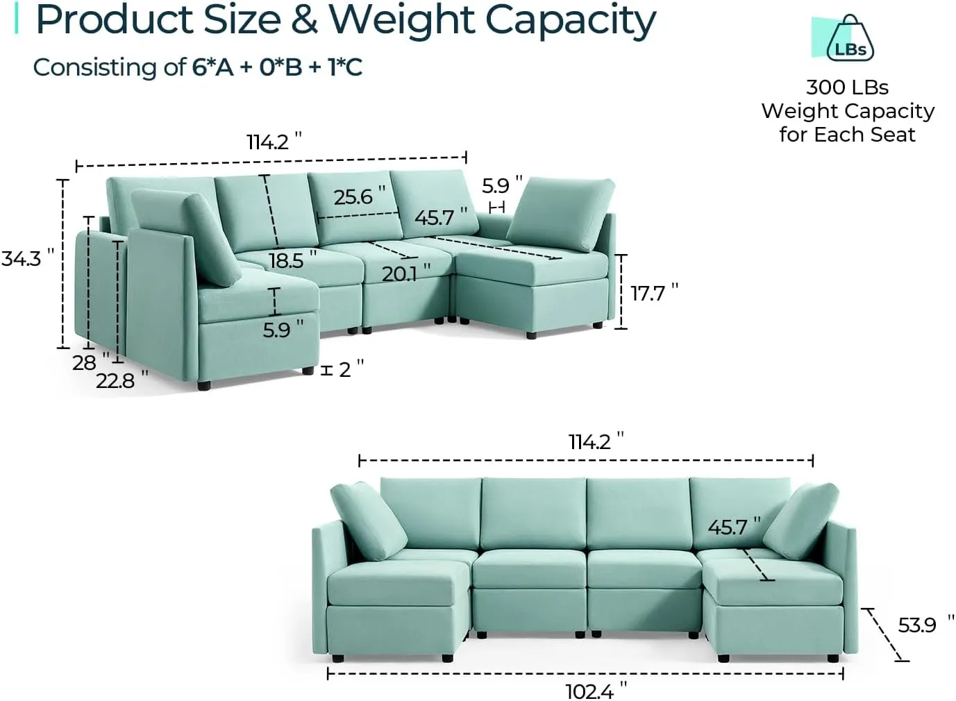 LINSY HOME Modular Sectional Sofa with Storage Seats, U Shaped 6 Seat Sofa Couch, Modular Sectionals with Chaise and Reamovable Covers, Oversized Memory Foam Couch for Living Room, Teal