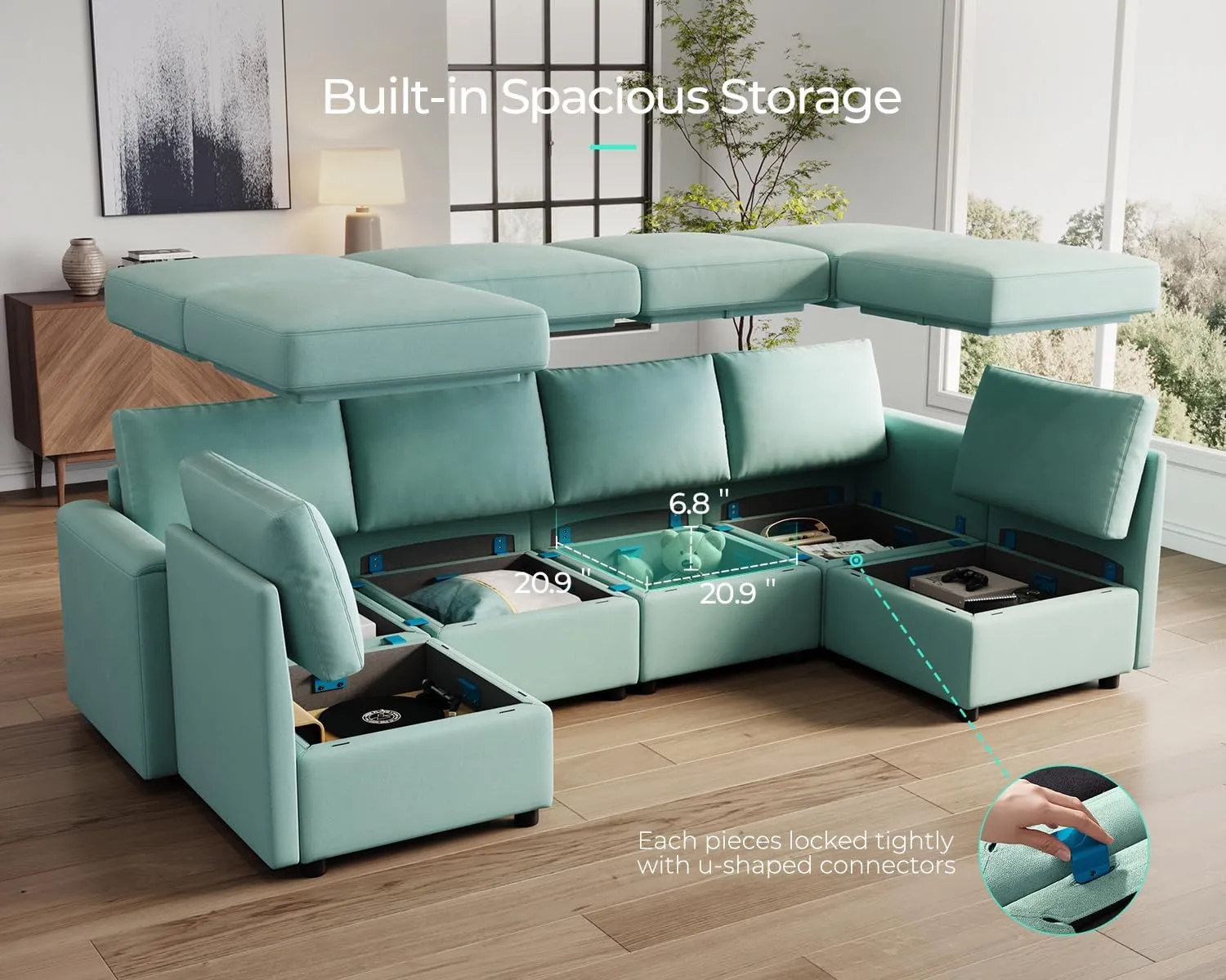 LINSY HOME Modular Sectional Sofa with Storage Seats, U Shaped 6 Seat Sofa Couch, Modular Sectionals with Chaise and Reamovable Covers, Oversized Memory Foam Couch for Living Room, Teal